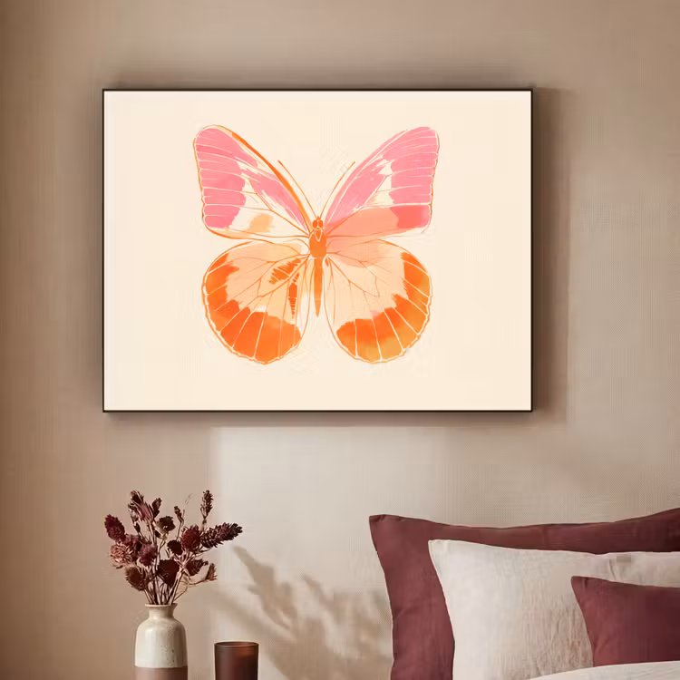 Oranje - Vlinder - Minimalistisch Textielframe zwart klein -sfeer1