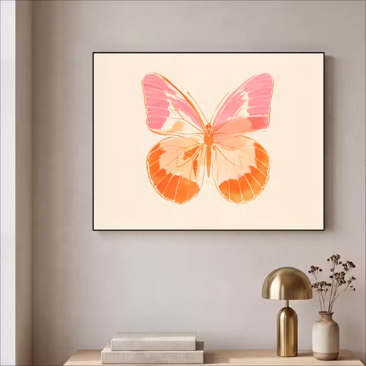 Oranje - Vlinder - Minimalistisch Textielframe - compleet frame klein -sfeer2