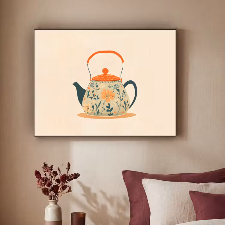 Oranje - Theepot - Bloemen - Bladeren Textielframe zwart klein -sfeer1
