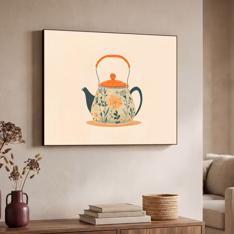Oranje - Theepot - Bloemen - Bladeren Textielframe - compleet frame klein -sfeer3