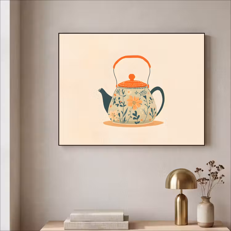 Oranje - Theepot - Bloemen - Bladeren Textielframe zwart klein -sfeer2