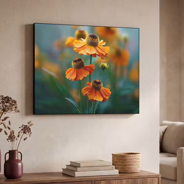Oranje bloemen - Levendig - Wazige achtergrond Textielframe - compleet frame klein -sfeer3