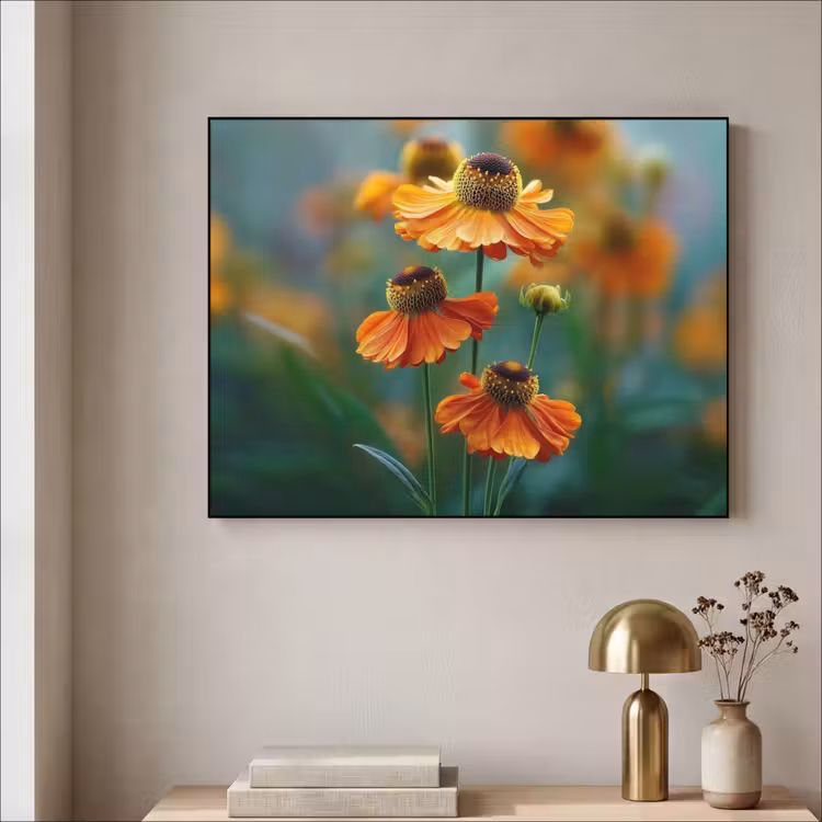 Oranje bloemen - Levendig - Wazige achtergrond Textielframe zwart klein -sfeer2