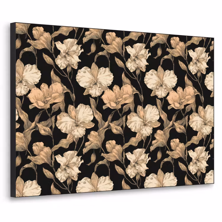 Orchideeën - Lijntekening - Patroon - Beige - Zwart Textielframe zwart klein 947 -3d