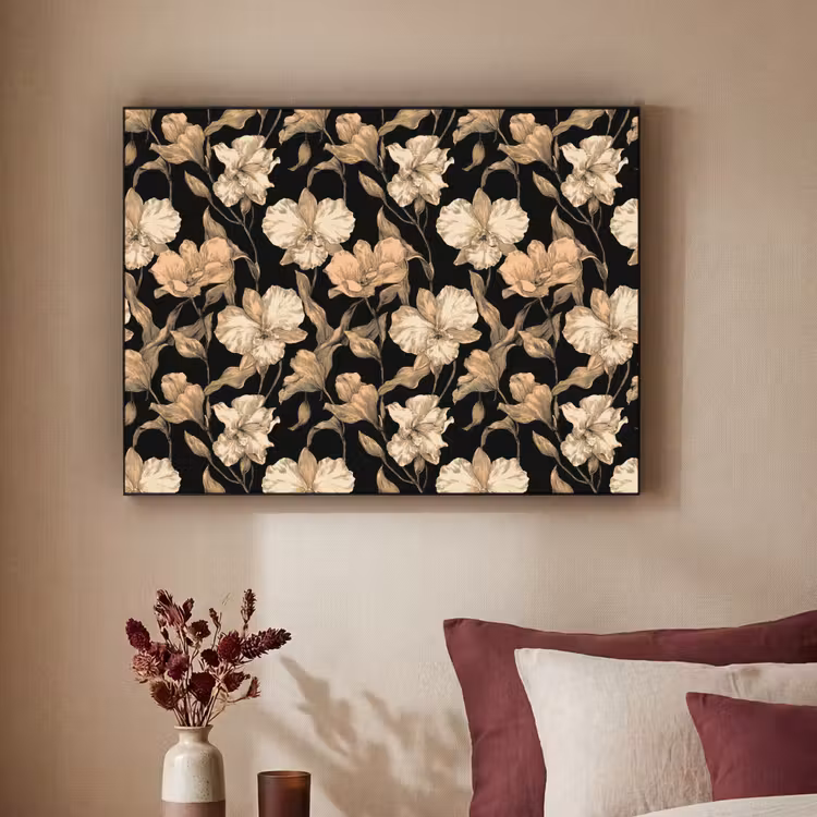 Orchideeën - Lijntekening - Patroon - Beige - Zwart Textielframe zwart klein 947 -sfeer1
