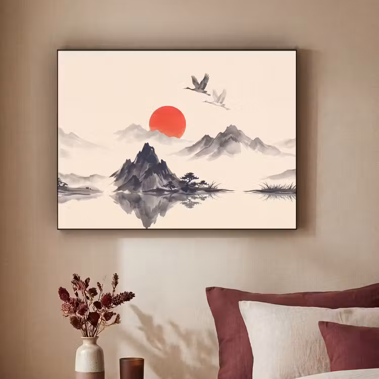 Oosters - Kraanvogels - Landschap Textielframe zwart klein -sfeer1