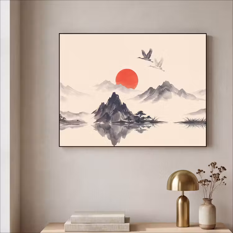 Oosters - Kraanvogels - Landschap Textielframe zwart klein -sfeer2