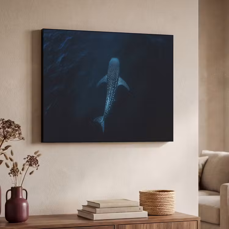 Oceaan - Walvishaai - Donkerblauw - Vlekken Textielframe zwart klein -sfeer3