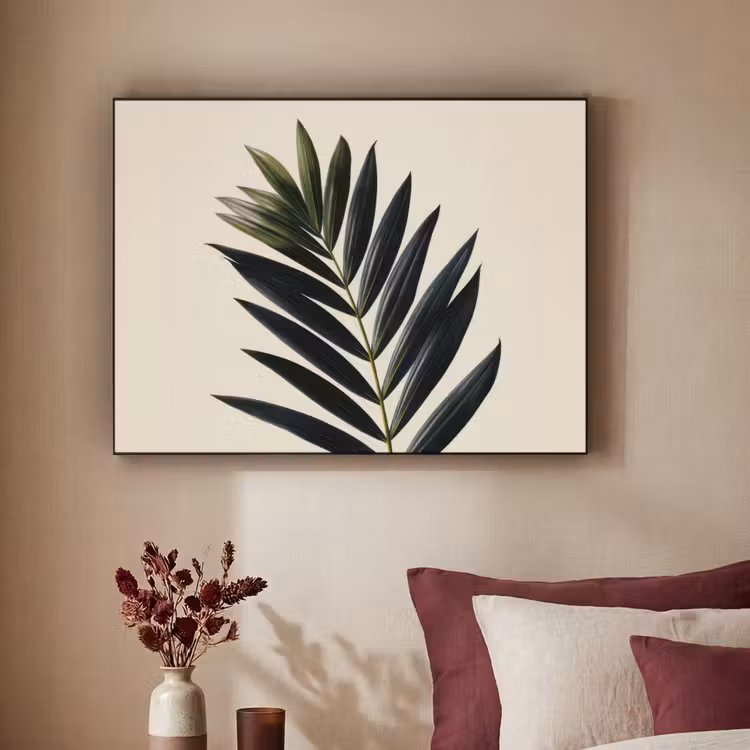 Palmblad - Donkere bladen - Subtiel Textielframe zwart klein -sfeer1