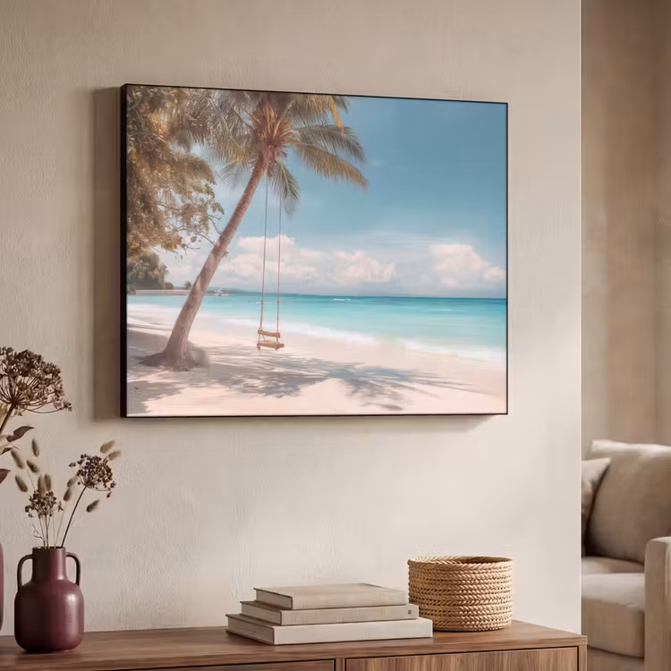 Palmboom - Schommel - Strand - Lucht Textielframe zwart klein -sfeer3