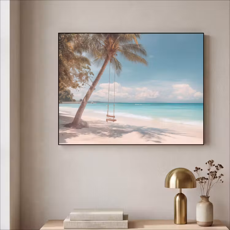 Palmboom - Schommel - Strand - Lucht Textielframe zwart klein -sfeer2