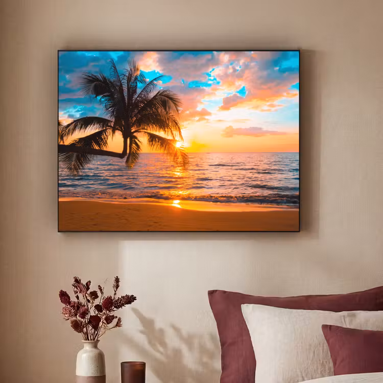 Palm - Zonsondergang - Horizon - Strand - Zee - Tropisch Textielframe zwart klein -sfeer1