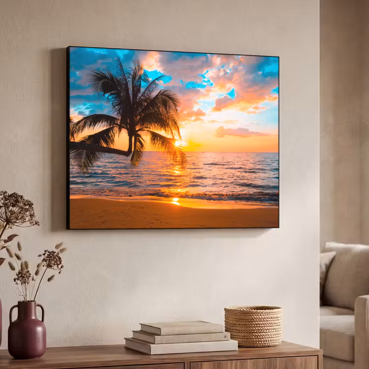 Palm - Zonsondergang - Horizon - Strand - Zee - Tropisch Textielframe zwart klein -sfeer3