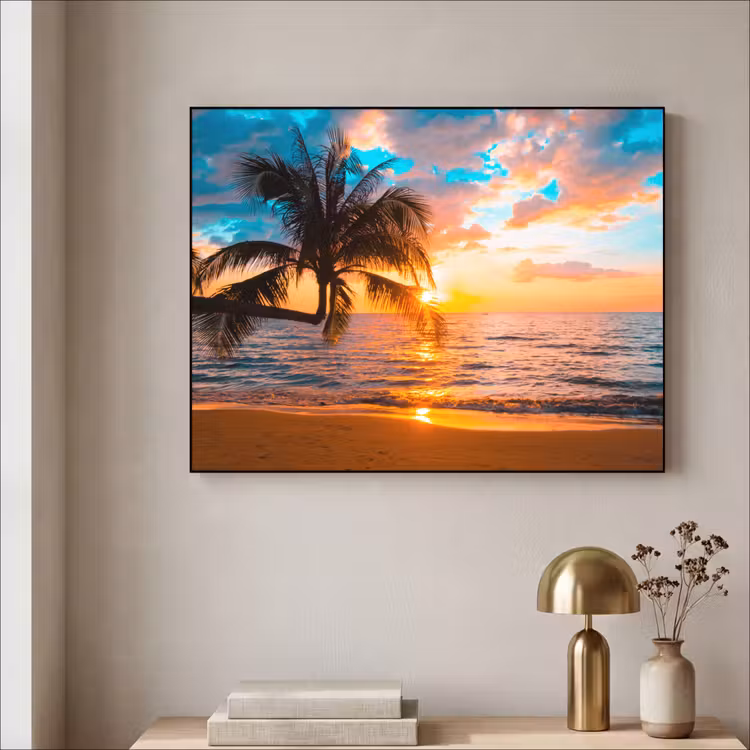 Palm - Zonsondergang - Horizon - Strand - Zee - Tropisch Textielframe zwart klein -sfeer2