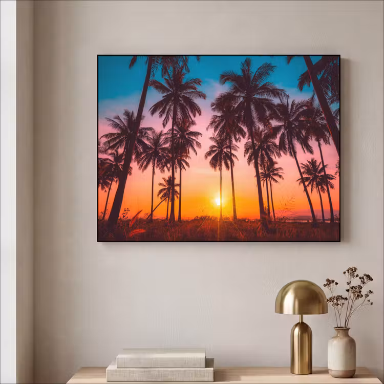 Palmboom - Zonsondergang - Horizon - Strand - Oranje - Roze Textielframe zwart klein -sfeer2