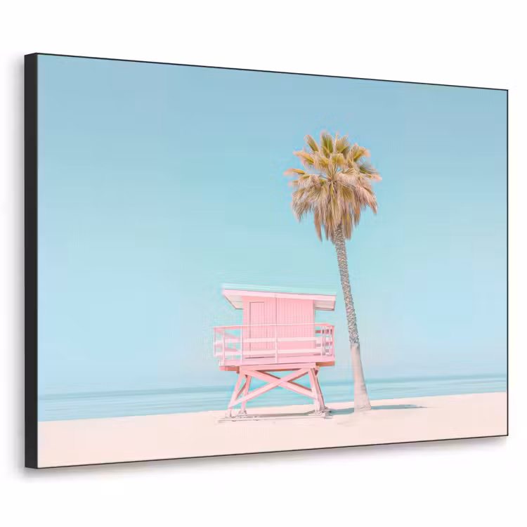 Palmboom - Strandhuis - Roze Textielframe zwart klein -3d