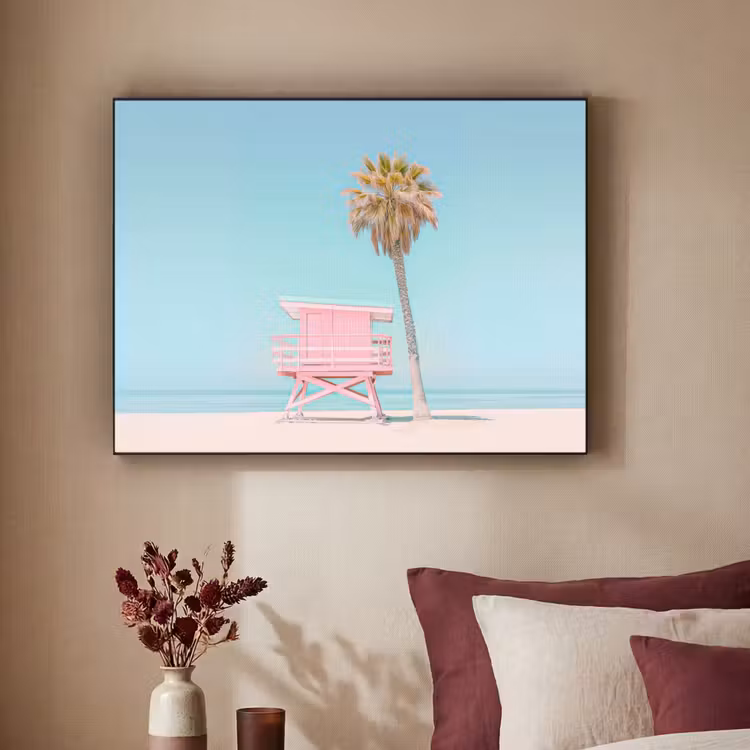 Palmboom - Strandhuis - Roze Textielframe zwart klein -sfeer1
