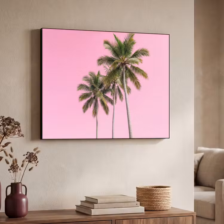 Palmboom - Tropisch - Pink Textielframe zwart klein -sfeer3