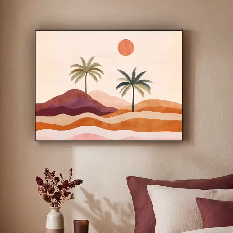 Palmbomen - Abstract - Zon - Heuvels Textielframe - compleet frame klein -sfeer1