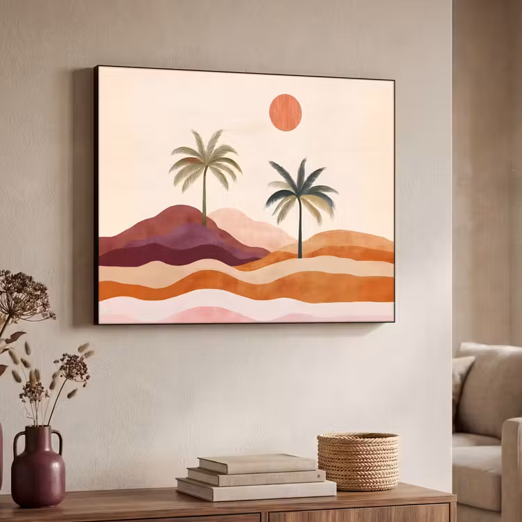 Palmbomen - Abstract - Zon - Heuvels Textielframe - compleet frame klein -sfeer3