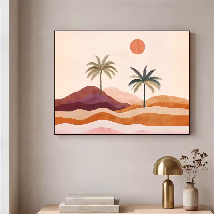 Palmbomen - Abstract - Zon - Heuvels Textielframe zwart klein -sfeer2