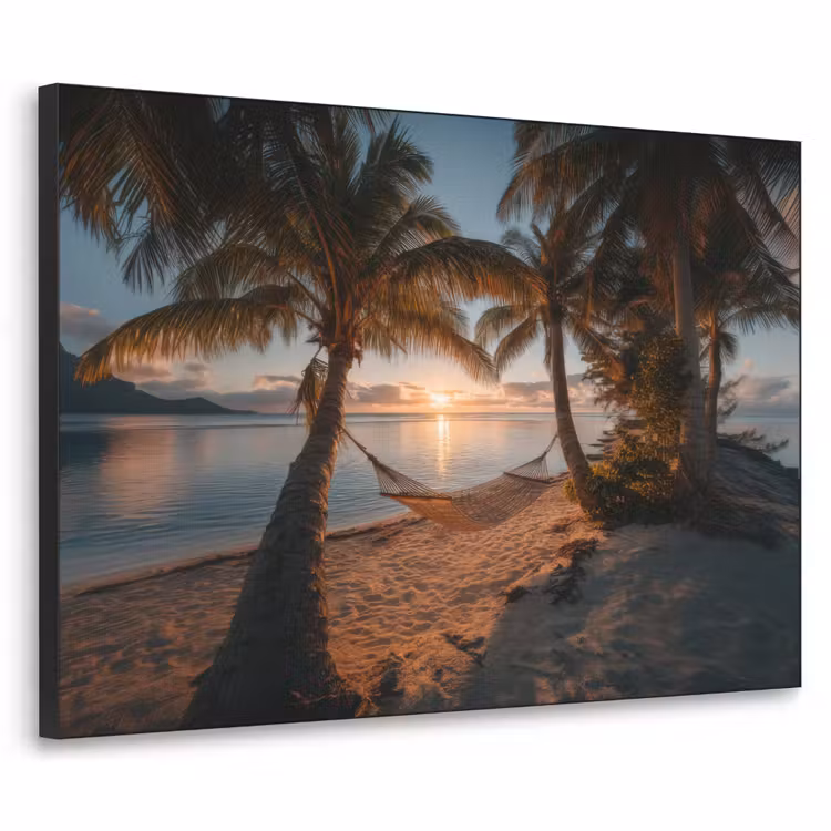 Palmbomen - Hangmat - Strand - Zonsondergang Textielframe - compleet frame klein -3d