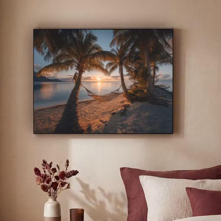 Palmbomen - Hangmat - Strand - Zonsondergang Textielframe - compleet frame klein -sfeer1