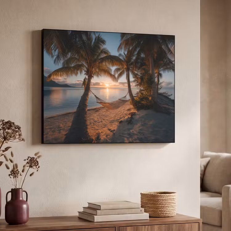 Palmbomen - Hangmat - Strand - Zonsondergang Textielframe - compleet frame klein -sfeer3