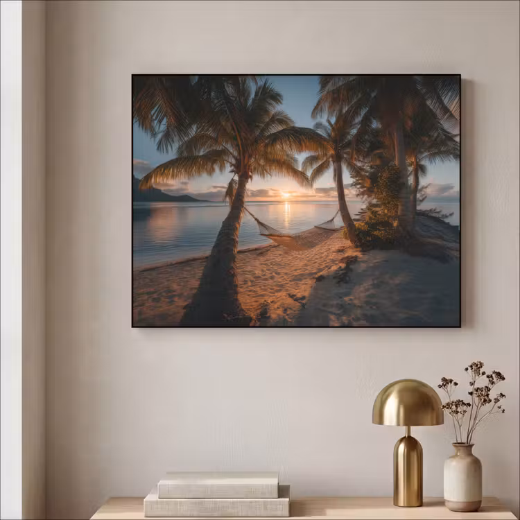 Palmbomen - Hangmat - Strand - Zonsondergang Textielframe zwart klein -sfeer2