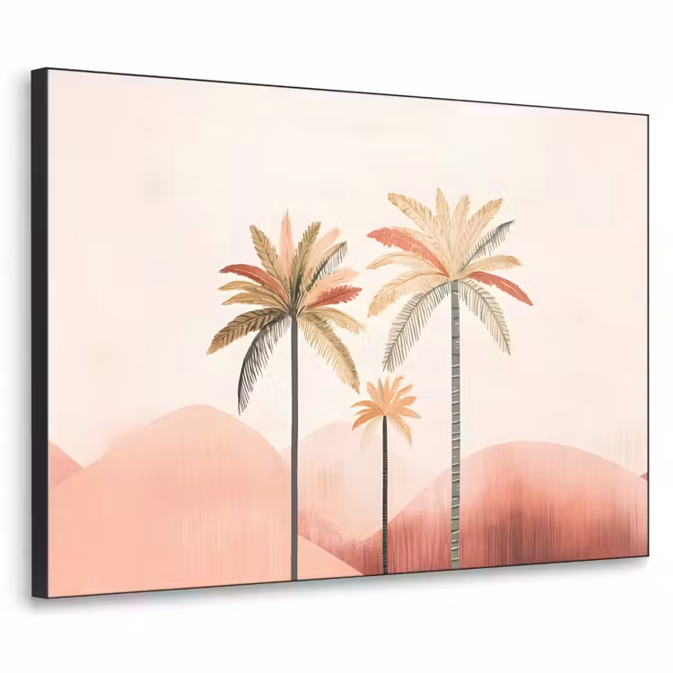 Palmbomen - Heuvels - Minimalistisch - Zachtroze Textielframe zwart klein -3d