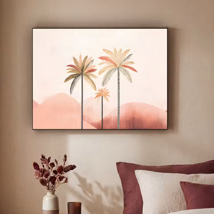 Palmbomen - Heuvels - Minimalistisch - Zachtroze Textielframe zwart klein -sfeer1