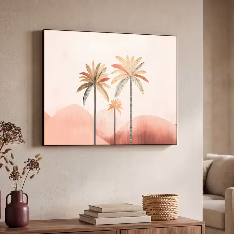 Palmbomen - Heuvels - Minimalistisch - Zachtroze Textielframe zwart klein -sfeer3