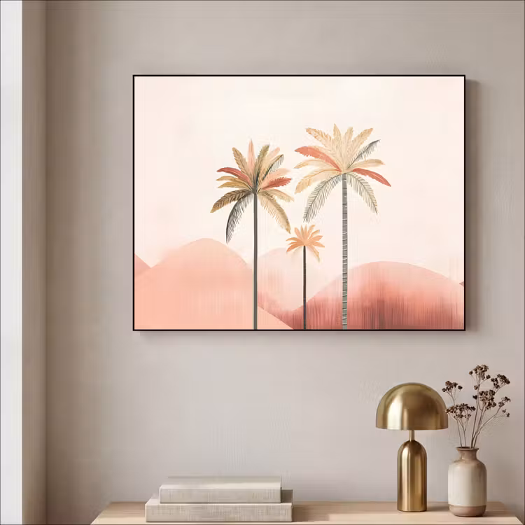 Palmbomen - Heuvels - Minimalistisch - Zachtroze Textielframe zwart klein -sfeer2