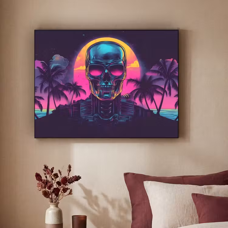Palmbomen - Hoofd - Metallic - Zonsondergang Textielframe - compleet frame klein -sfeer1