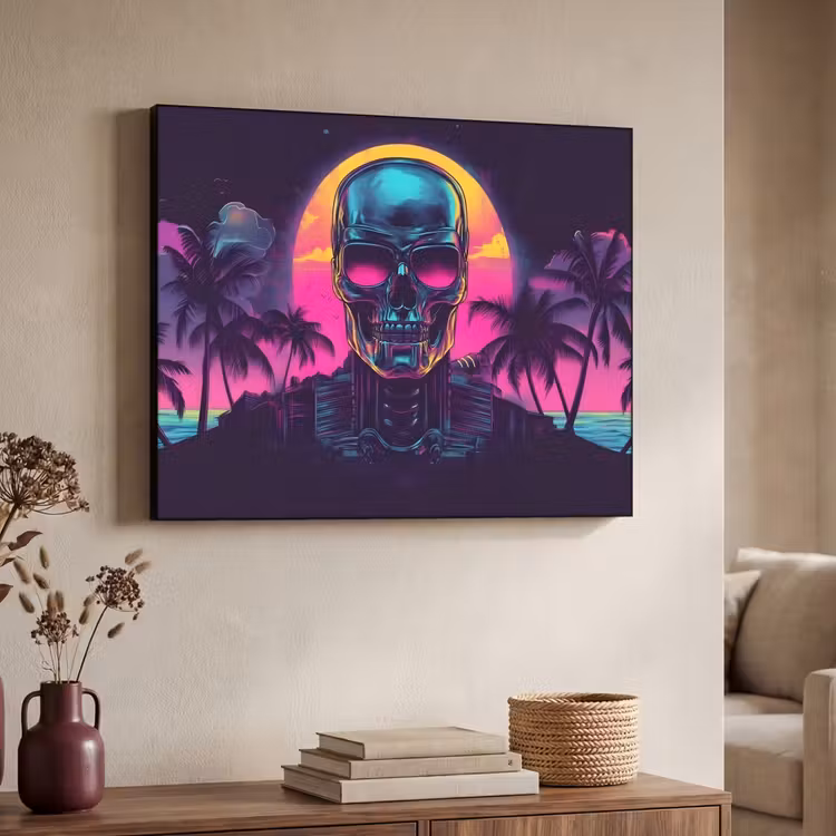 Palmbomen - Hoofd - Metallic - Zonsondergang Textielframe - compleet frame klein -sfeer3