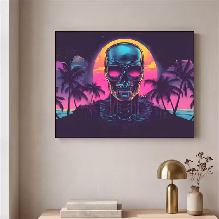 Palmbomen - Hoofd - Metallic - Zonsondergang Textielframe - compleet frame klein -sfeer2