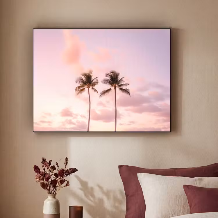 Palmbomen - Paars - Wolken - Lucht Textielframe - compleet frame klein -sfeer1