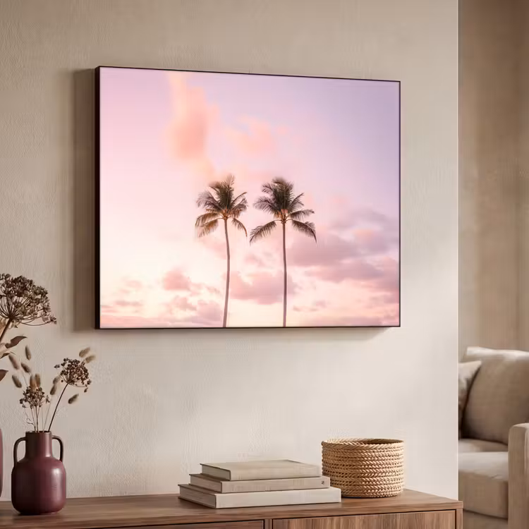 Palmbomen - Paars - Wolken - Lucht Textielframe zwart klein -sfeer3