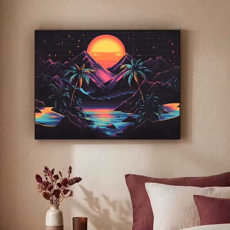 Palmbomen - Neonbergen - Sterrenhemel - Zon Textielframe zwart klein -sfeer1