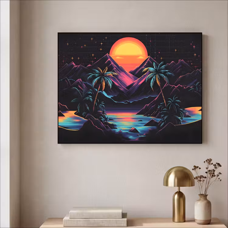Palmbomen - Neonbergen - Sterrenhemel - Zon Textielframe - compleet frame klein -sfeer2