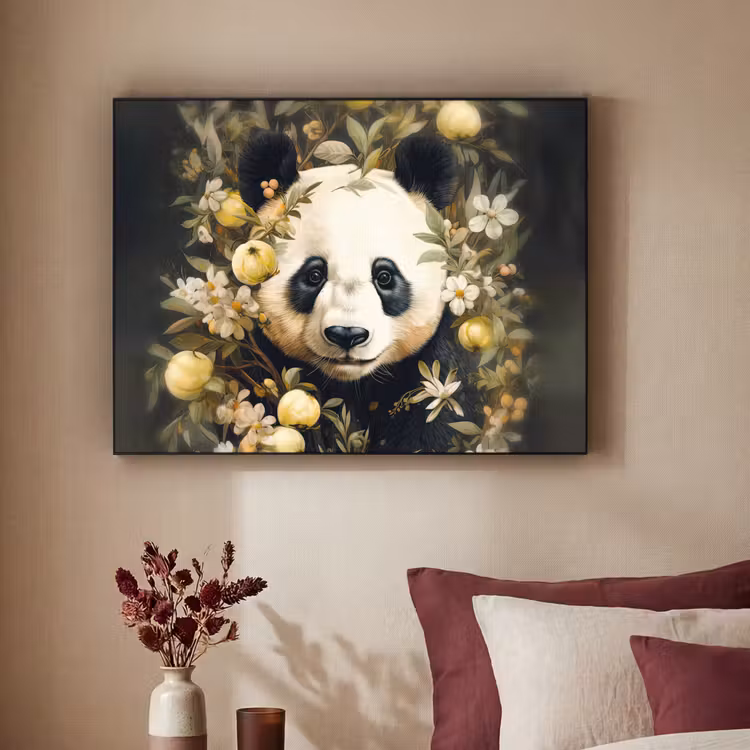 Panda - Pandabeer - Wilde dieren - Natuur - Bloemen Textielframe zwart klein -sfeer1