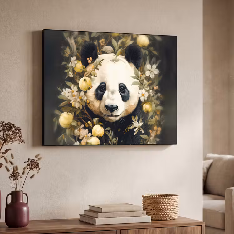 Panda - Pandabeer - Wilde dieren - Natuur - Bloemen Textielframe zwart klein -sfeer3