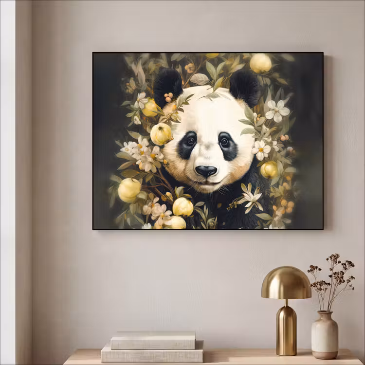 Panda - Pandabeer - Wilde dieren - Natuur - Bloemen Textielframe zwart klein -sfeer2