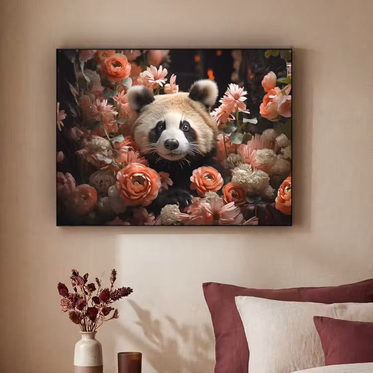 Panda - Dier - Bloemen - Natuur - Botanisch Textielframe zwart klein -sfeer1