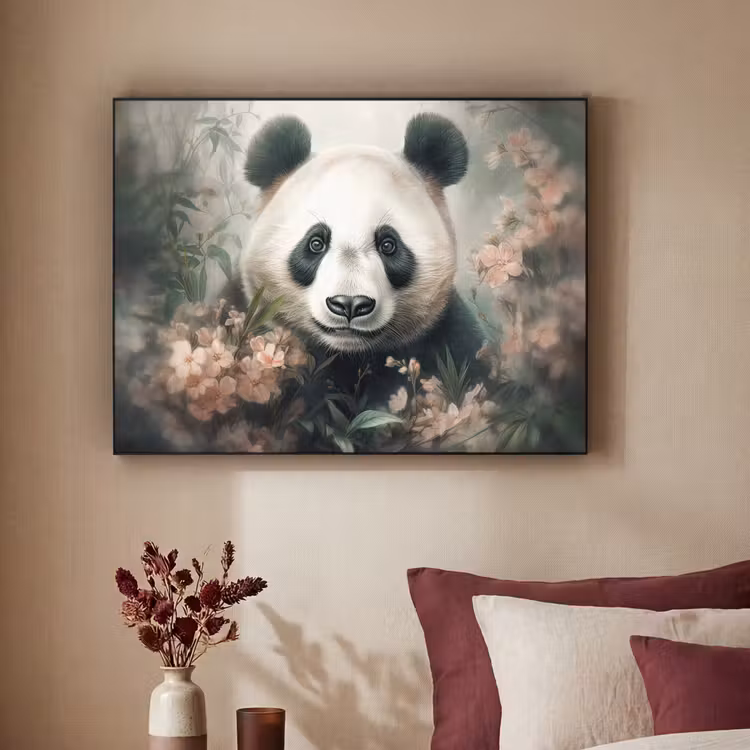 Panda - Dieren - Bloemen - Planten Textielframe zwart klein -sfeer1