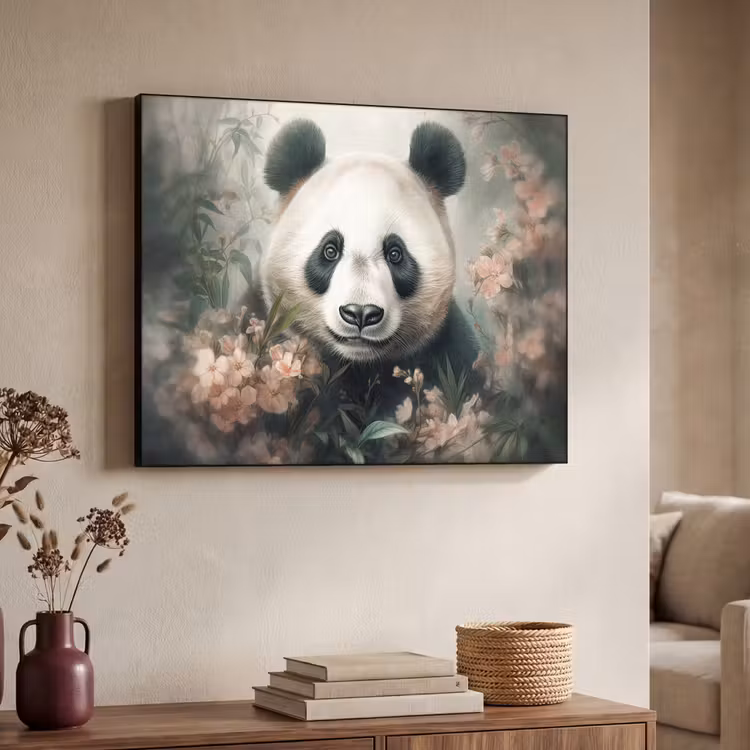 Panda - Dieren - Bloemen - Planten Textielframe zwart klein -sfeer3
