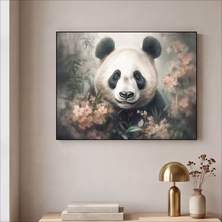 Panda - Dieren - Bloemen - Planten Textielframe zwart klein -sfeer2