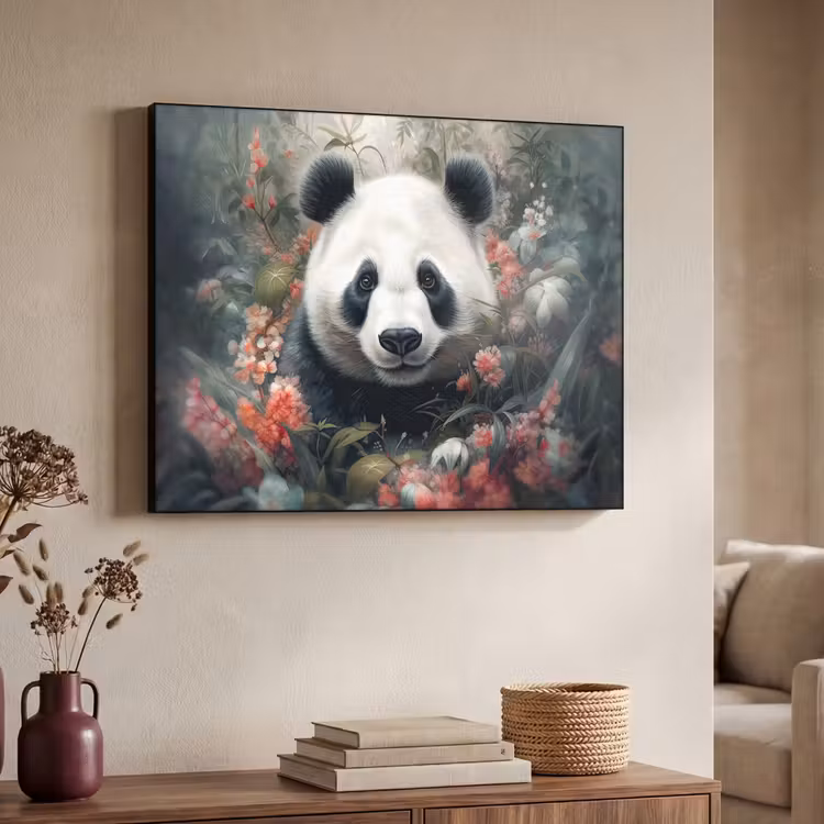 Panda - Wilde dieren - Bloemen - Natuur Textielframe zwart klein -sfeer3