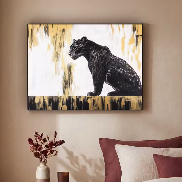 Panter - Zwart - Abstract - Goud Textielframe zwart klein -sfeer1
