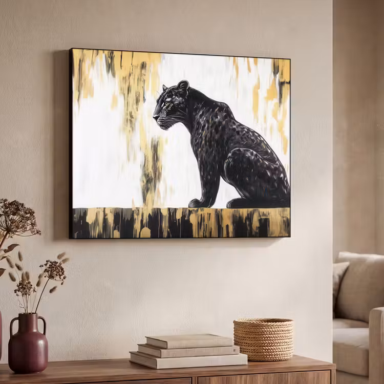 Panter - Zwart - Abstract - Goud Textielframe - compleet frame klein -sfeer3